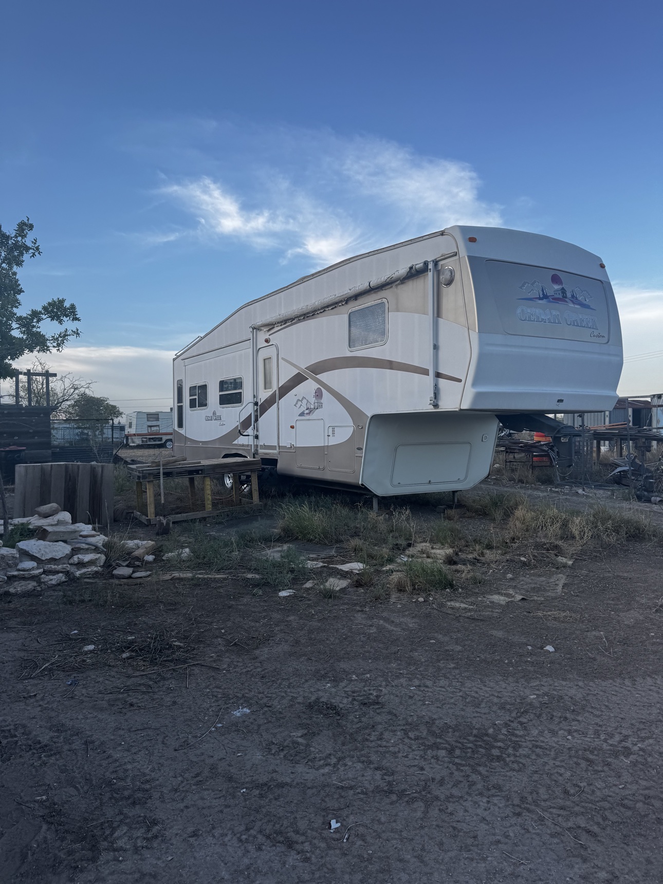 Front view of the Cedar Creek rental RV at Industrial Heights RV Park